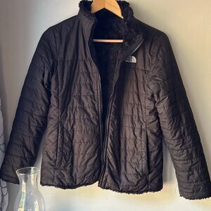 The north face kids girls reversible jacket size large 14/16 black fuzzy ski sno